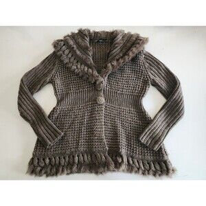 Vintage Y2K Slonl Brown Faux Fur Fringe Open Knit Wool Cardigan Fairy Grunge